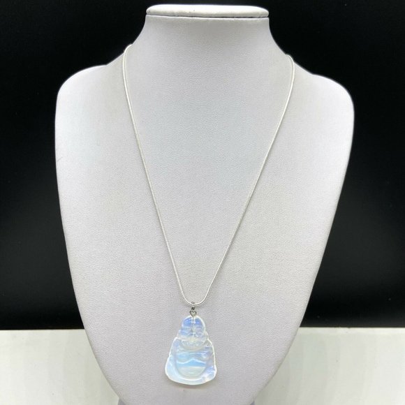Jewelry - Carved Opalite Buddha Pendant Sterling Necklace